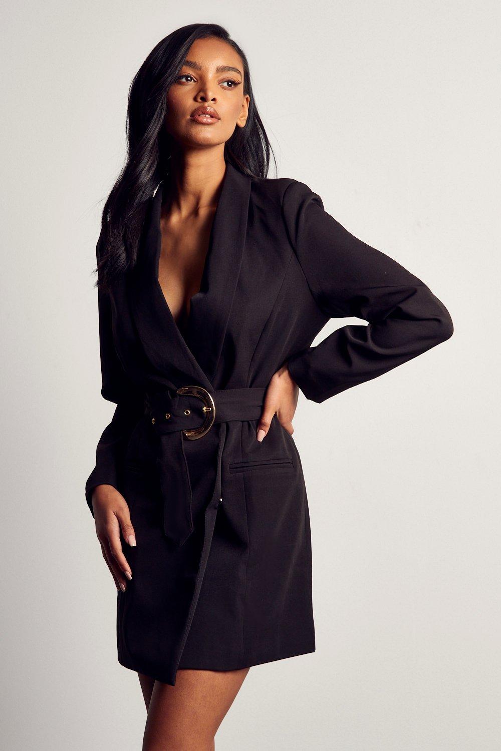 Womens Asymmetric Gold Buckle Belted Blazer Dress - black - 6, Black