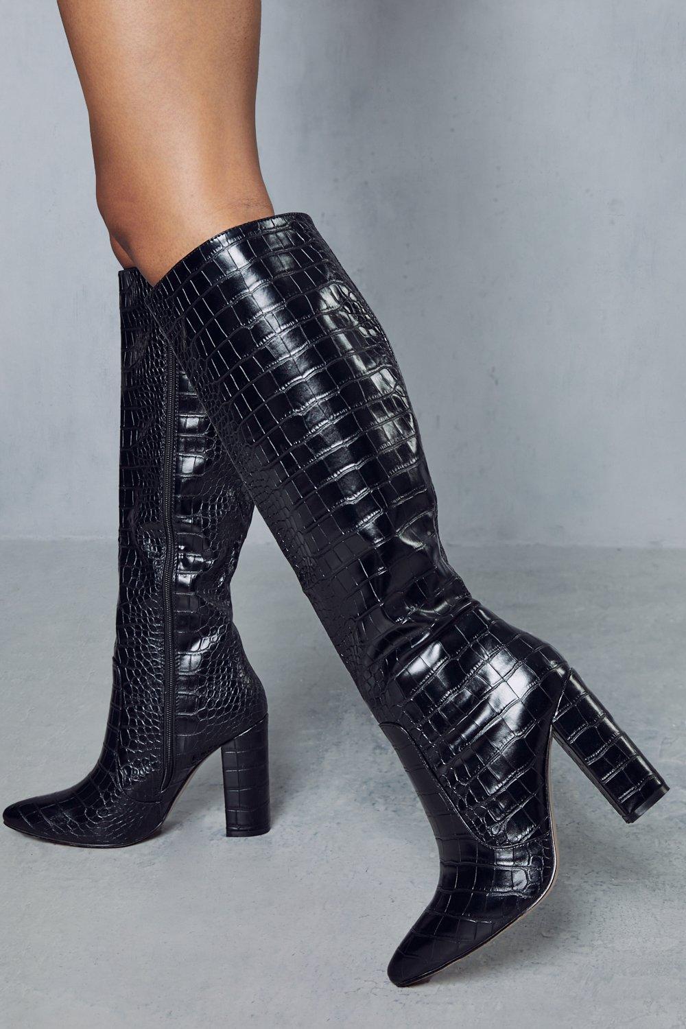 Womens Croc Knee High Heeled Boots - black - 6, Black