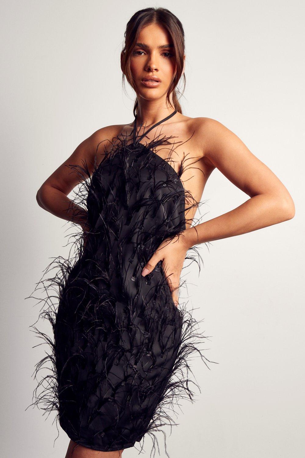 Womens Millie Premium Feather Detail Mini Dress - black - 6, Black