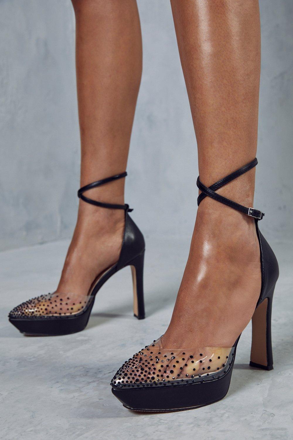 Womens Embellished Diamante Platform Heels - black - 6, Black