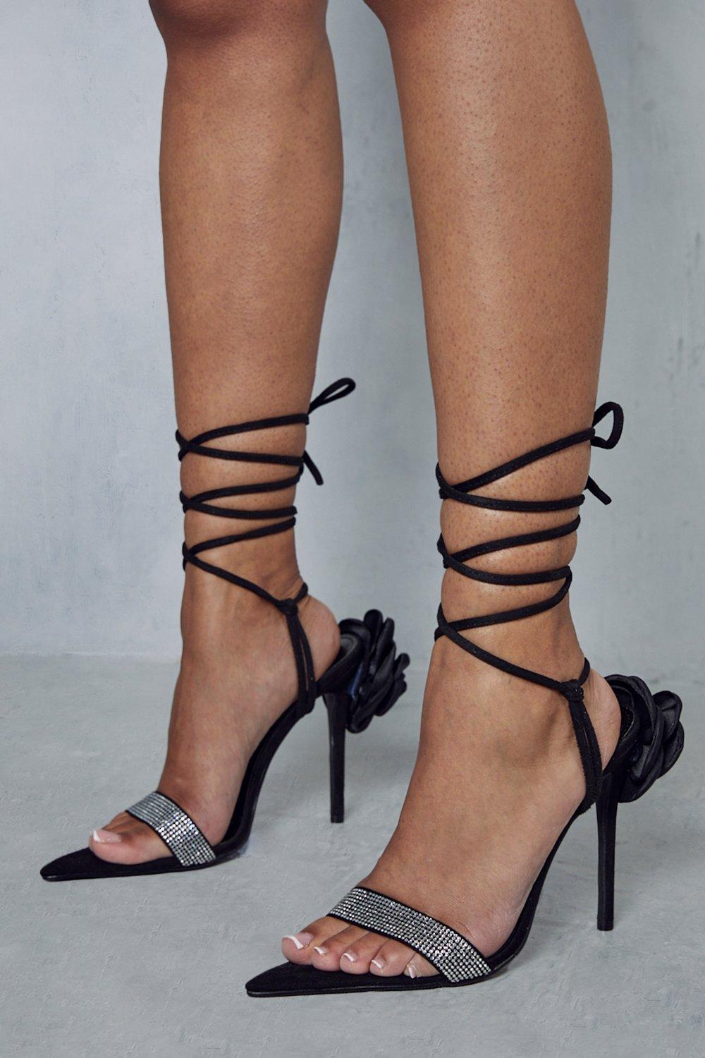 Womens Corsage Detail Diamante Strappy Heels - black - 3, Black