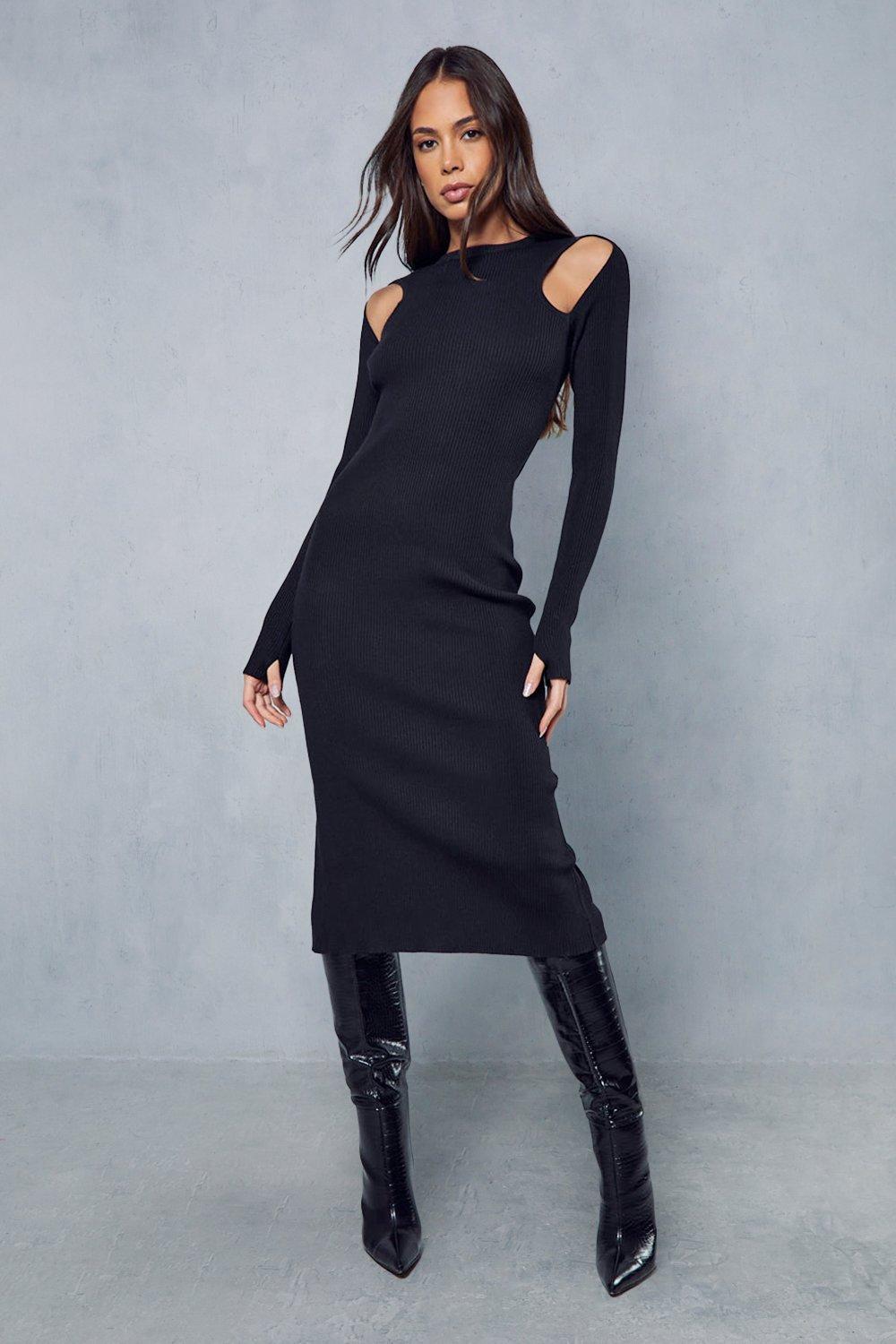 Womens Cut Out Rib Knit Midi Dress - black - L, Black