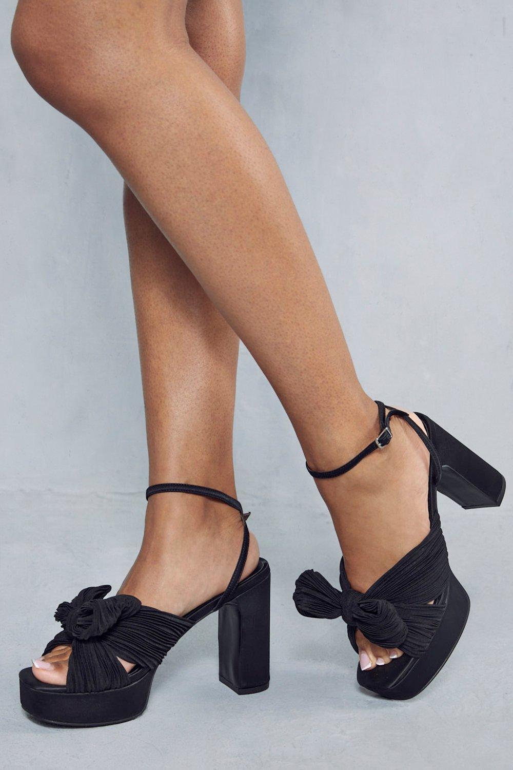 Womens Premium Satin Plisse Bow Heels - black - 4, Black