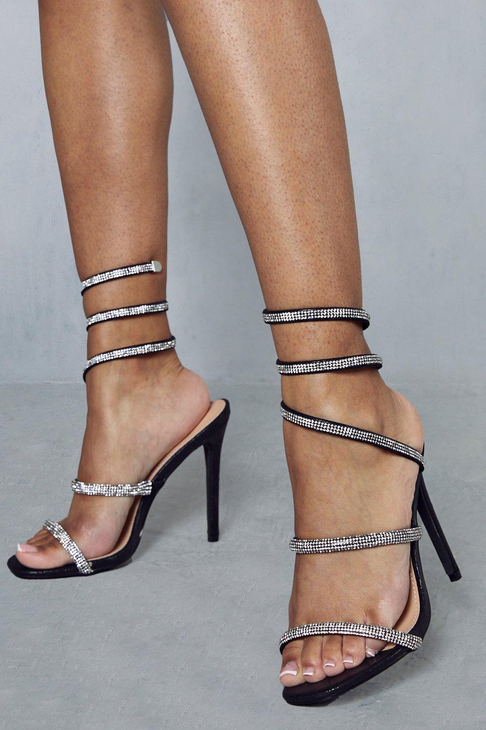 Womens Diamante Wrap Around Heels - black - 6, Black
