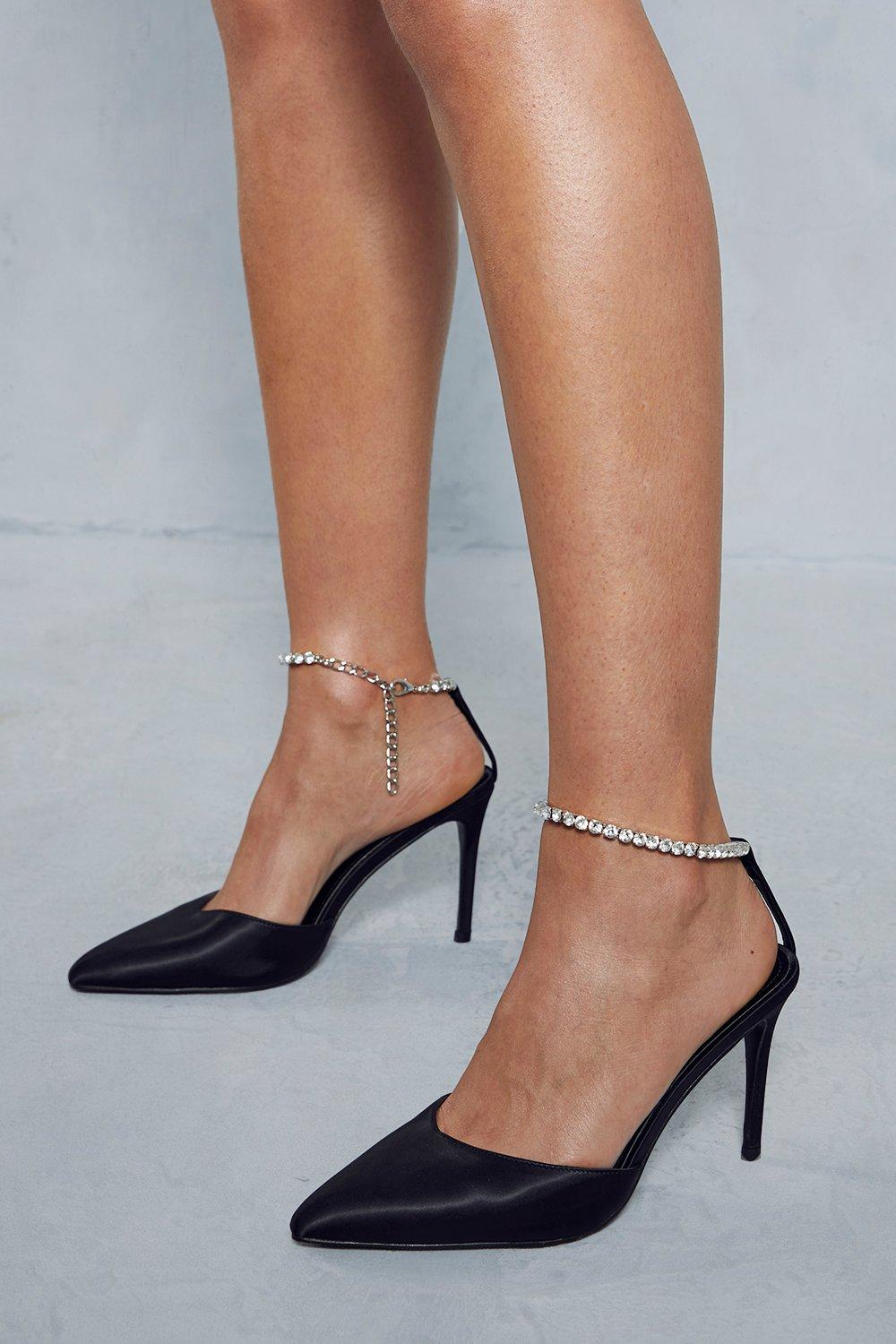 Womens Premium Diamante Strap Pointed Satin Heels - ivory - 8, Ivory