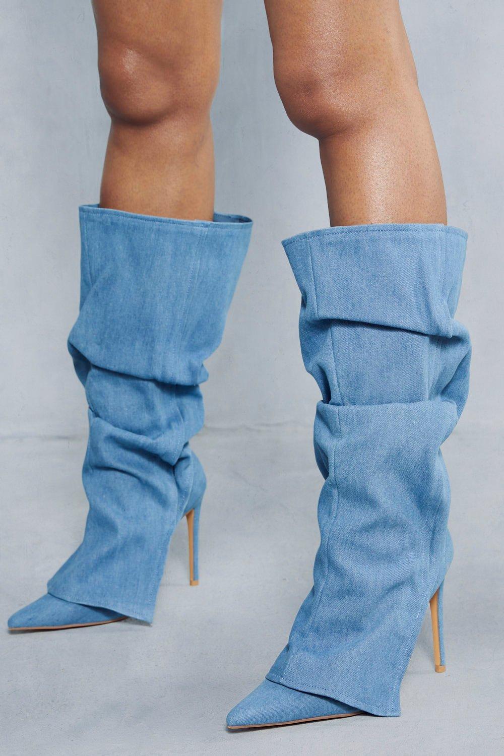 Womens Denim Overlay Knee High Boots - cream - 5, Cream