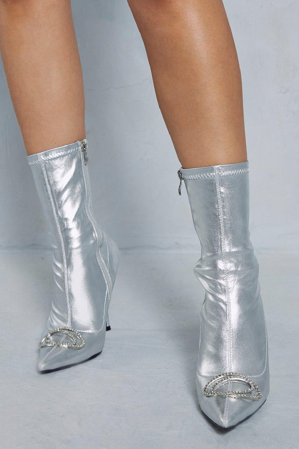 Womens Diamante Buckle Ankle Boots - silver - 8, Silver