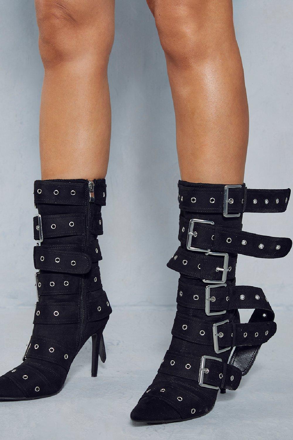 Womens Buckle Detail Faux Suede Boots - black - 5, Black