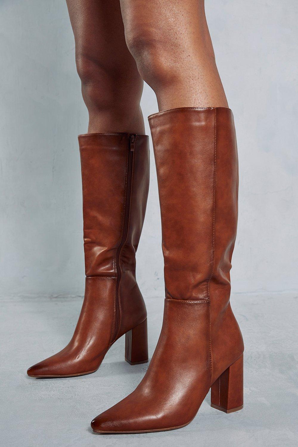 Womens Leather Look Block Heel Knee High Boots - brown - 8, Brown