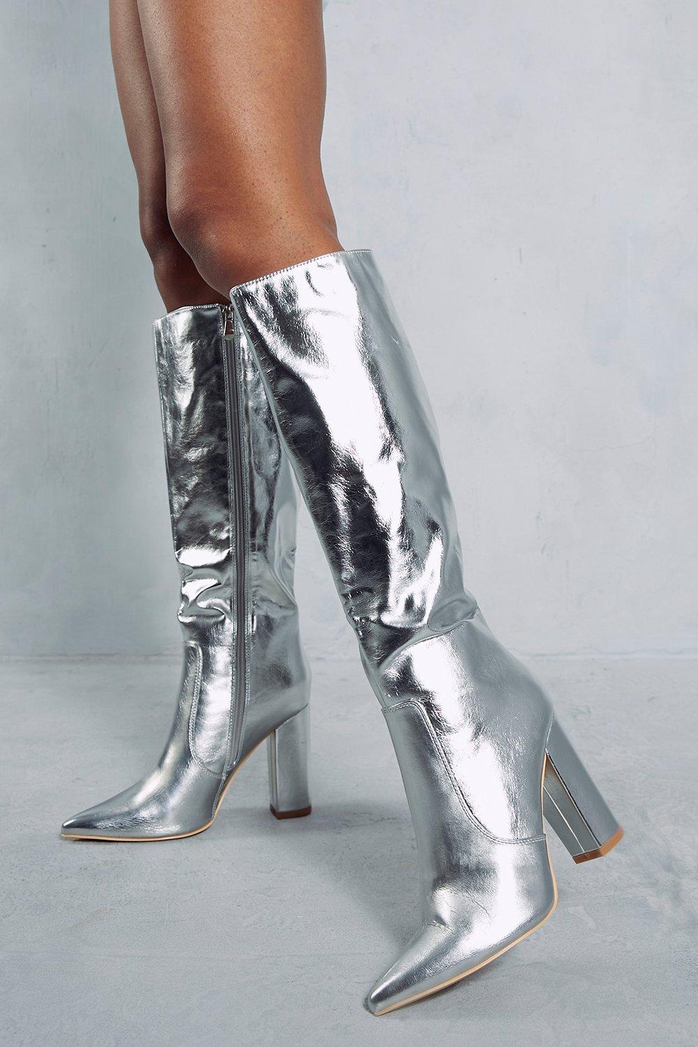 Womens Leather Look Metallic Knee High Boots - silver - 7, Silver