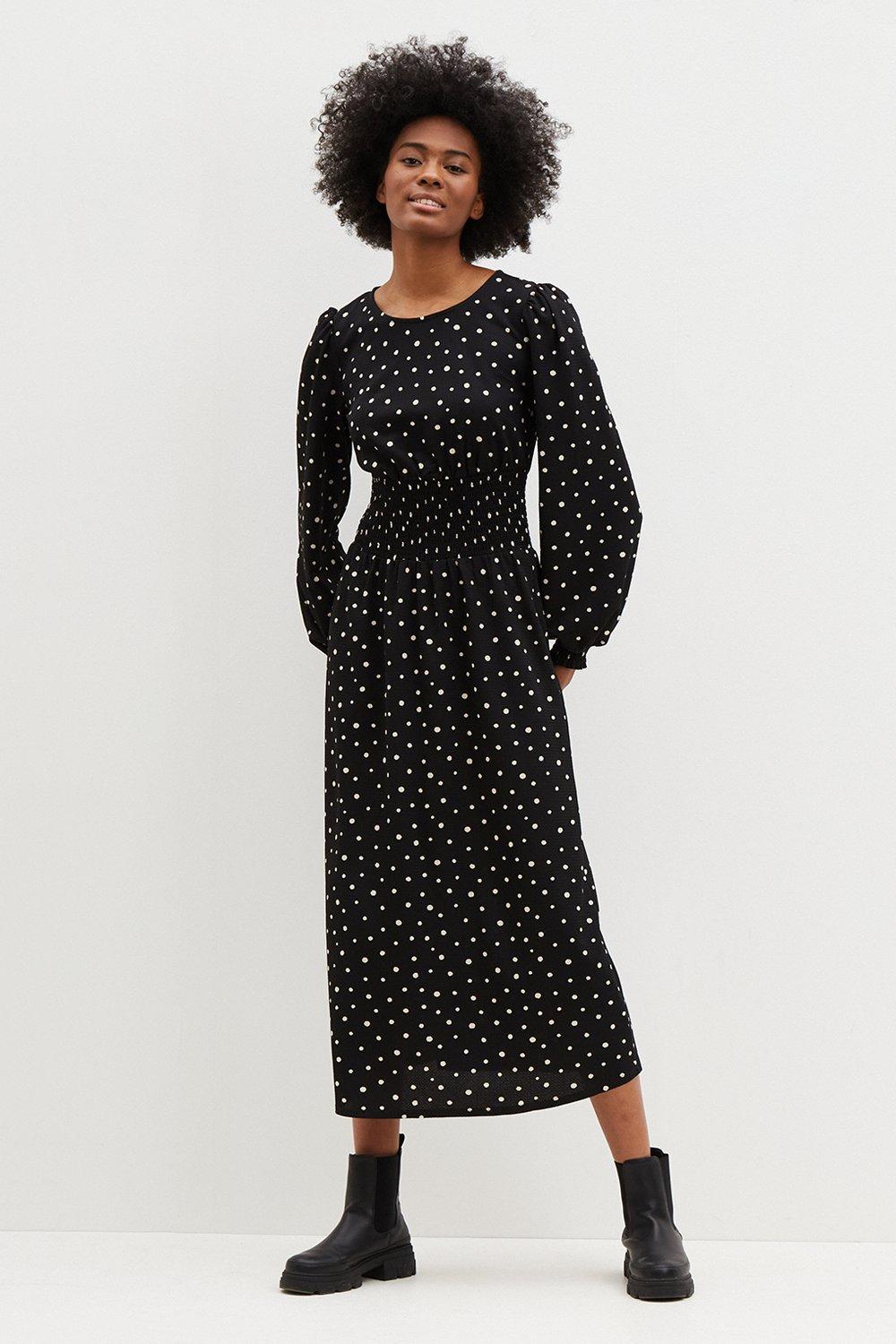 Click to view product details and reviews for Womens Tall Mono Spot Shirred Waist Midi Dress 10.