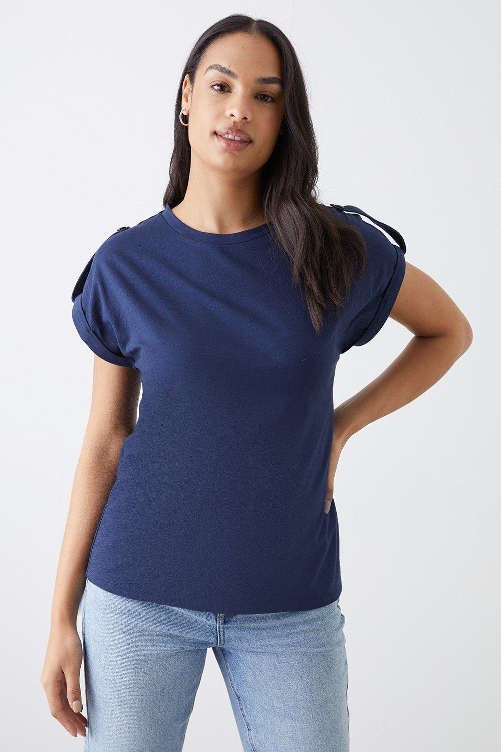 Womens Button Shoulder Roll Sleeve T-Shirt