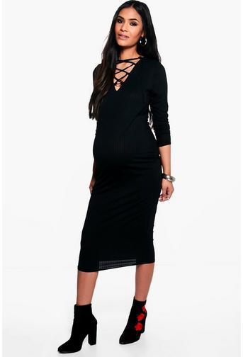 Maternity Lily Lace Up Ribbed Midi Dress