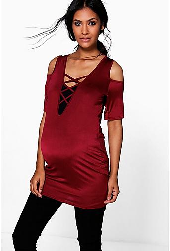 Maternity Kylie Open Shoulder Lace Up Top