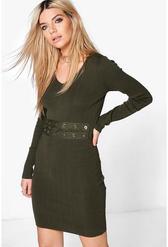 Constantina Lace Up Middle Ribbed Knit Dress