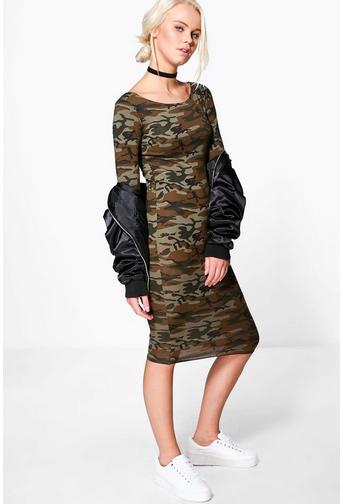 Erin Camo Long Sleeve Midi Dress