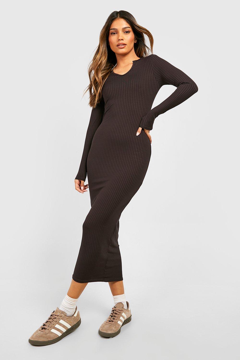 Boohoo Jumbo Ribgebreide Midaxi-Jurk Met Ingekeepte Hals, Chocolade