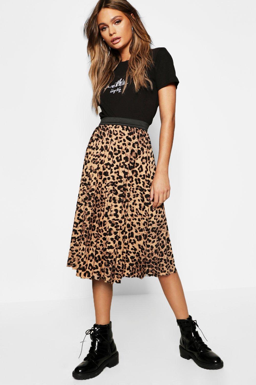 Womens Leopard Print Pleated Midi Skirt - Brown - Xs, Brown