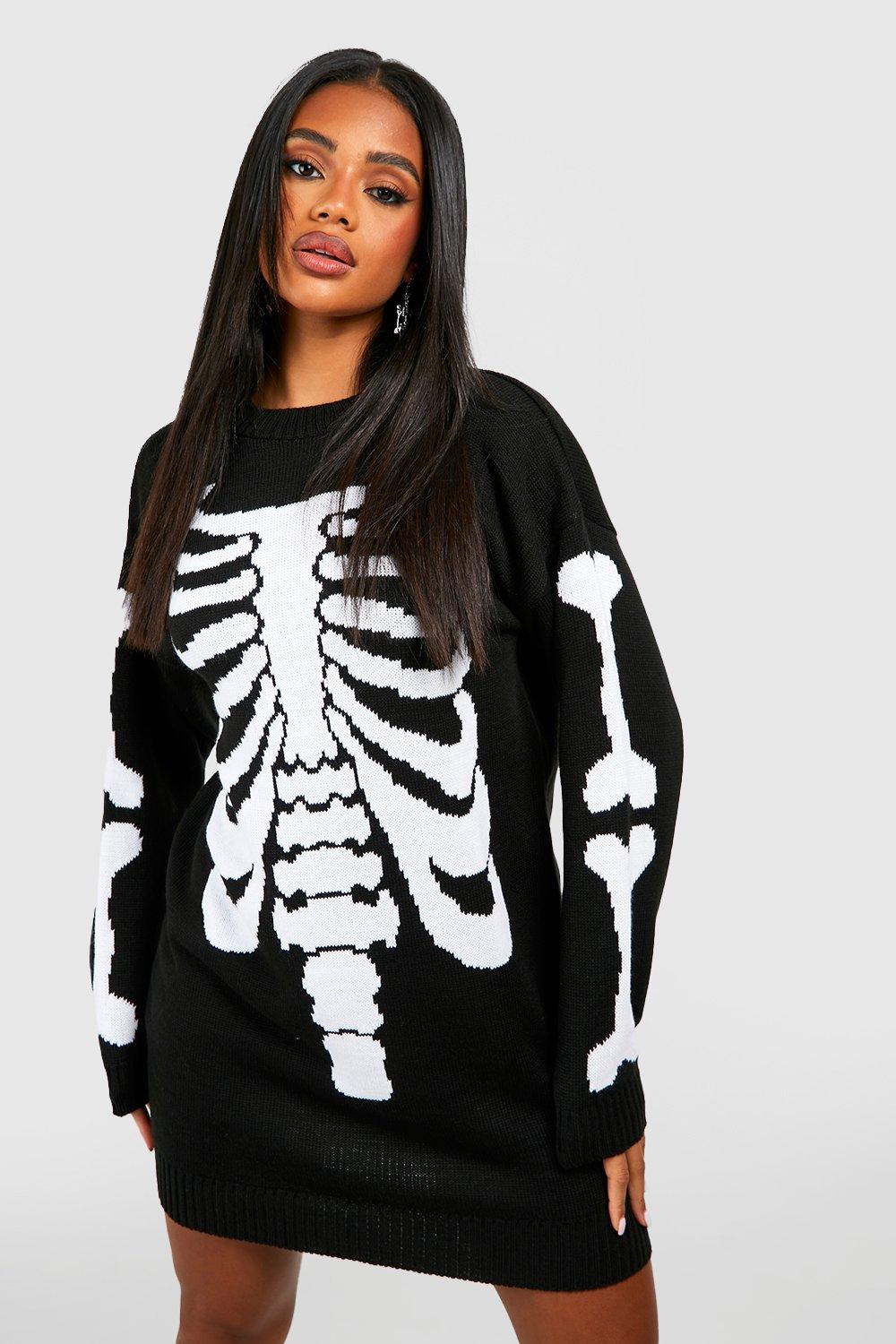 Boohoo Gebreide Halloween Skelet Trui Jurk, Zwart