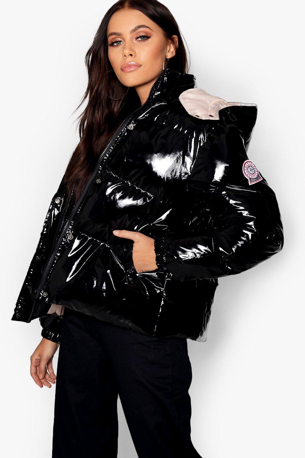 boohoo Womens Hooded Vinyl Puffer Jacket - Black - 10, Black