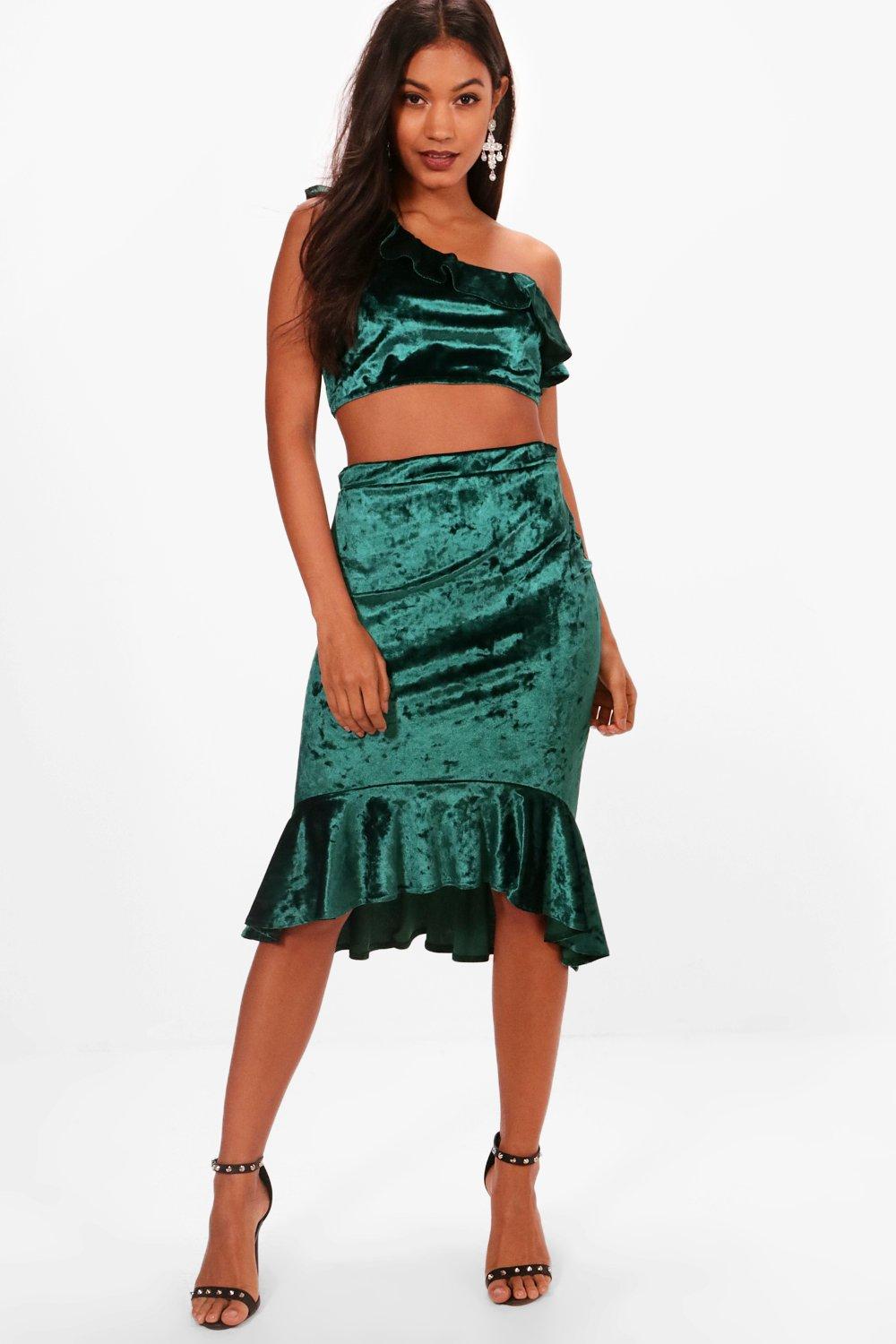 One Shoulder Frill Crop and Midi Skirt Set Boohoo