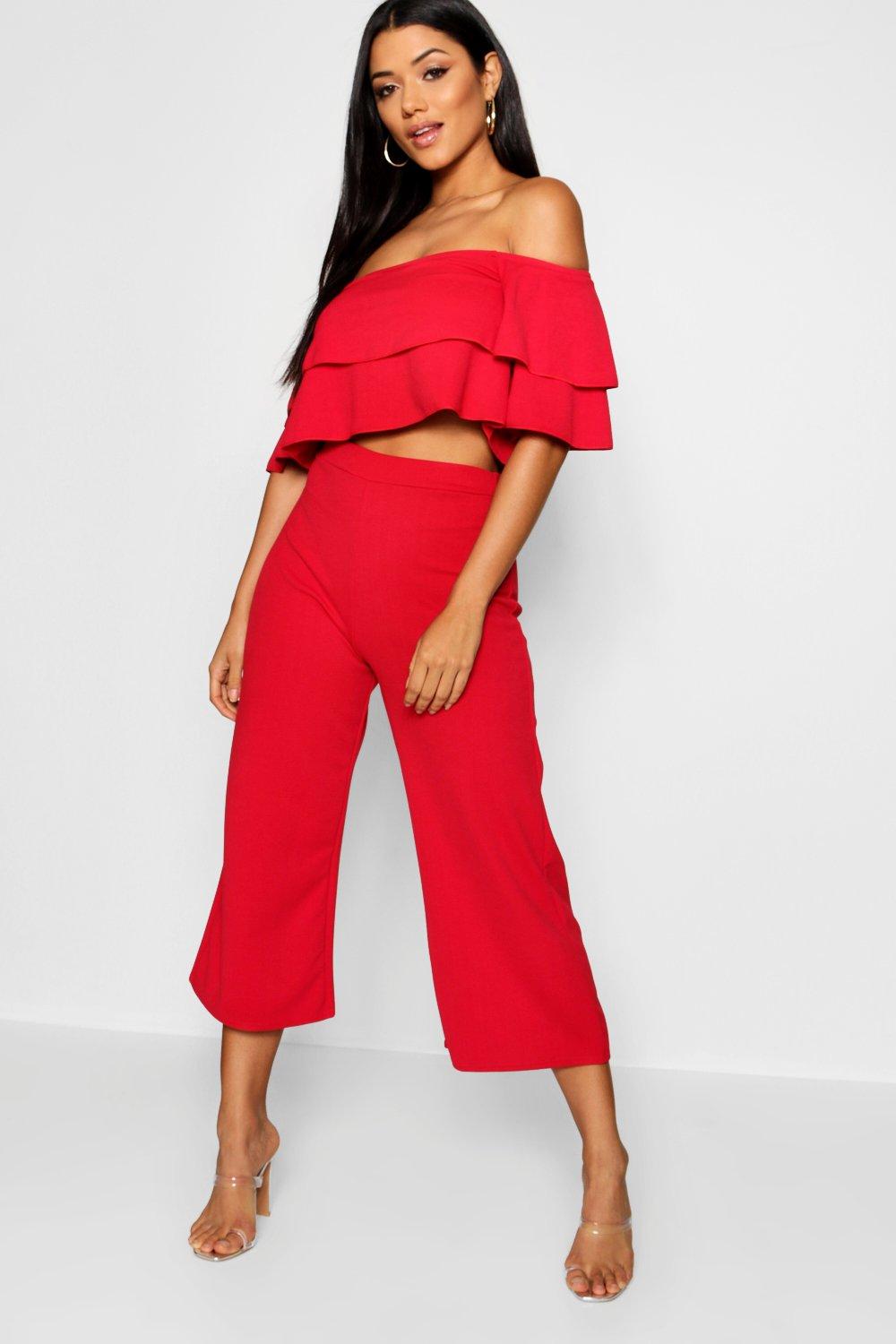Boohoo Strapless Top Met 2 Lagen En Culotte Set, Red