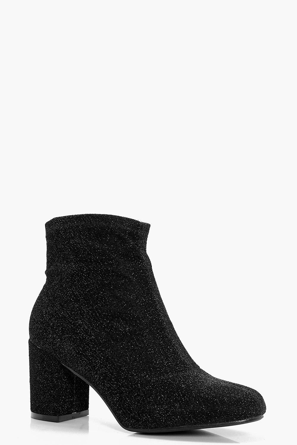black leather sock block heel ankle boots