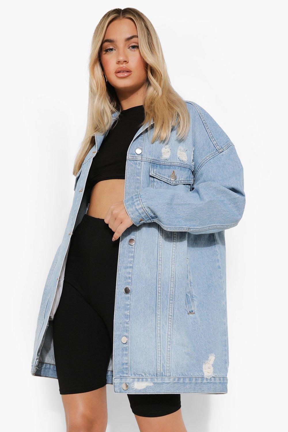 distressed longline denim jacket