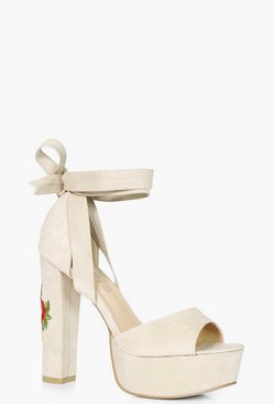 Alice Embroidered Platform Heel With Wrap Strap