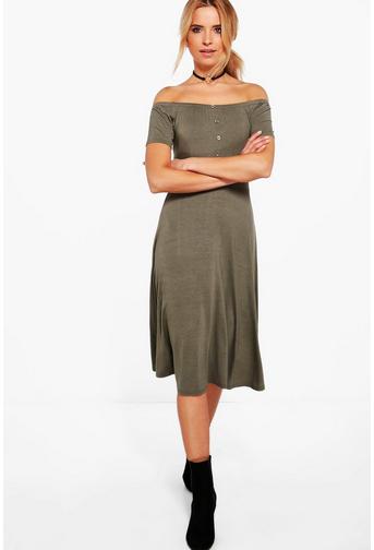Honey Off Shoulder Button Skater Dress