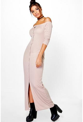 Penny Rib Button Off Shoulder Maxi Dress