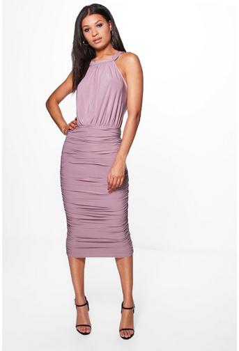 Chris Slinky Rouched Side High Neck Midi Dress