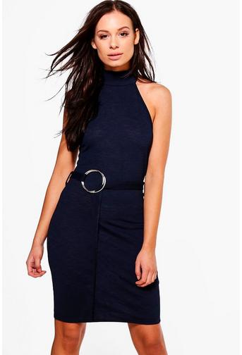 Tara Textured High Neck Ring Bodycon Dress