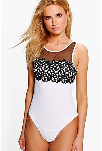Grace Embroidered Mesh Panel Bodysuit