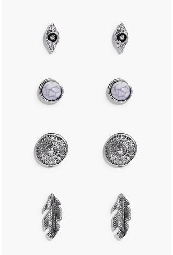 Libby Evil Eye & Feather Stud 4 Earring Set