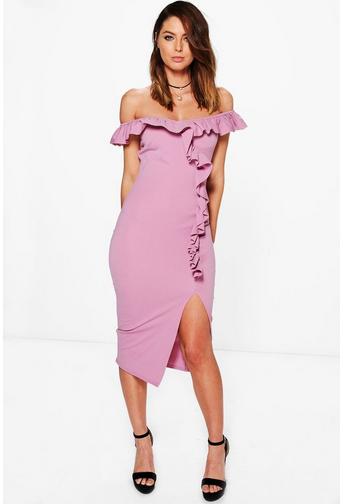 Off The Shoulder Frill Detail Midi Dress