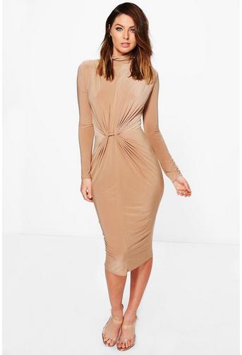 Deborah High Neck Ruched Slinky Midi Dress