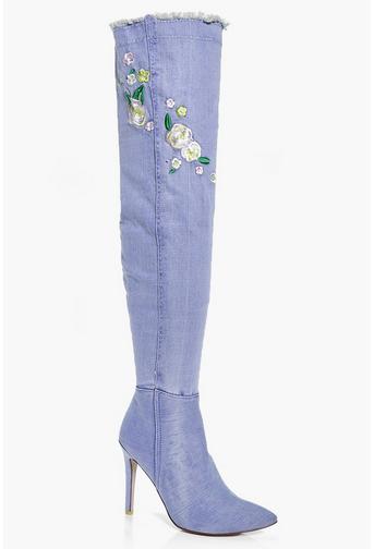 Neve Denim Embroidered Thigh Boot