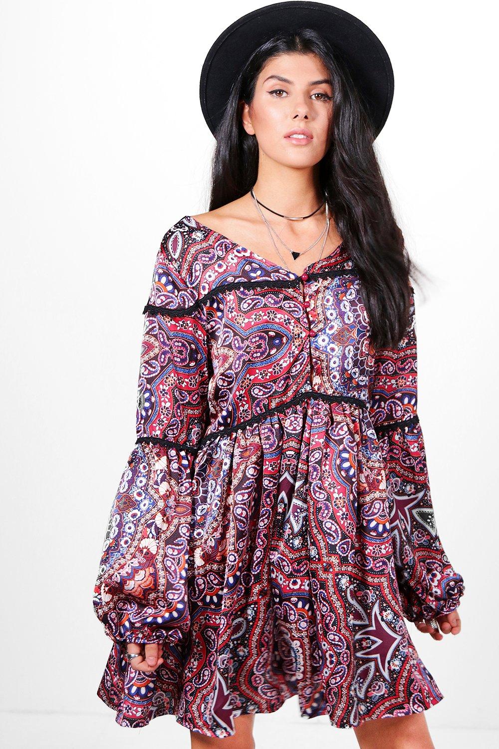 paisley lace bell sleeve dress
