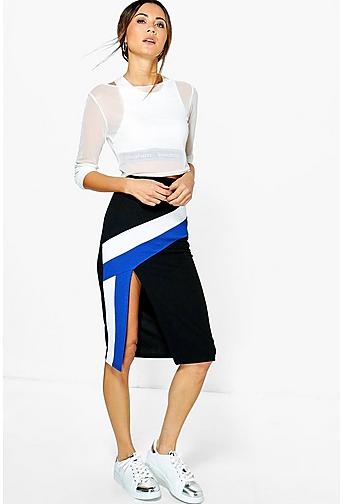 Reine Contrast Panel Split Front Midi Skirt