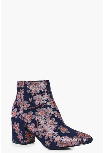 Leila Denim Floral Block Heel Ankle Boot