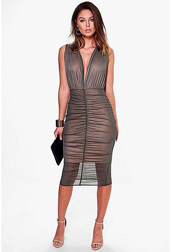 Ray Mesh Contrast Lining Ruched Midi Dress