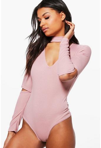 Karina Slash Elbow Choker Rib Knit Bodysuit