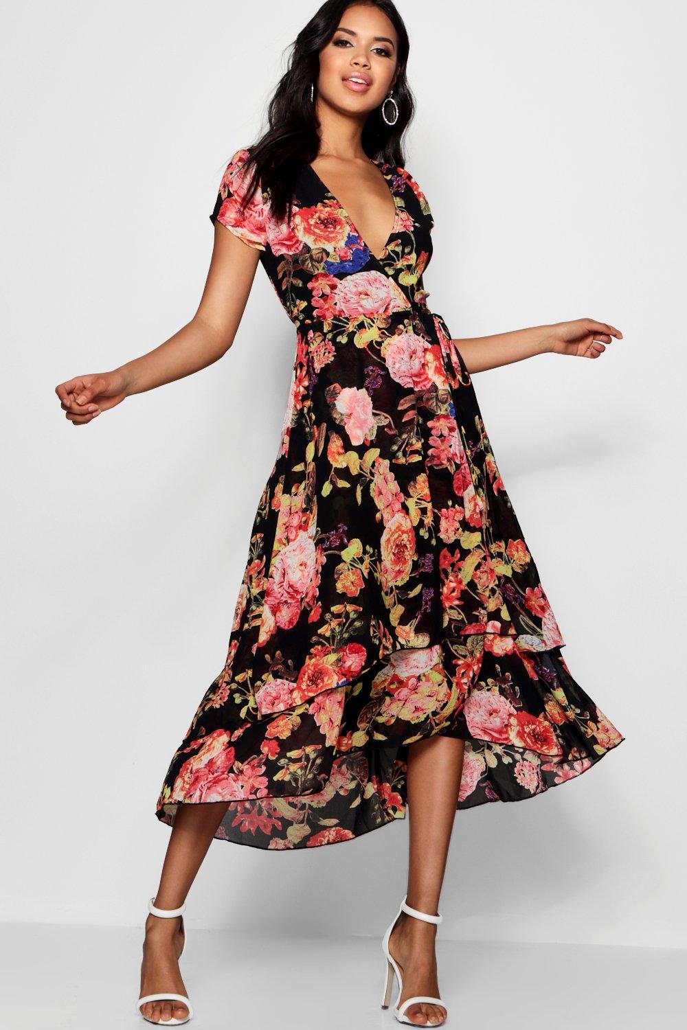 Mallory Chiffon Ruffle Floral Print Midi Dress