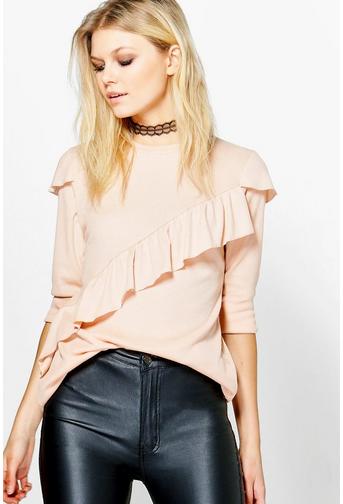 Caroline Asymmetric Ruffle Rib Knit Jumper