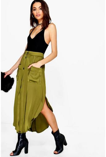 Auretta Pocket Side Satin Woven Maxi Skirt
