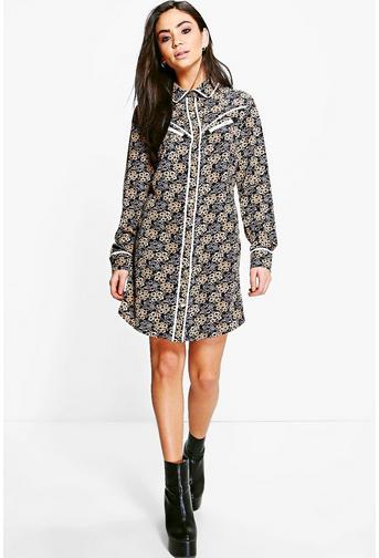 Ann Ditsy Floral Contrast Piping Shirt Dress