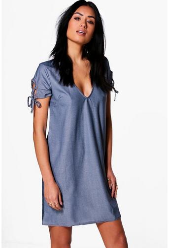 Lara Tie Sleeve Plunge Shift Dress
