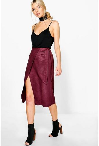Elara Wrap Front Tie Waist Suedette Midi Skirt