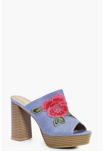 Jess Denim Floral Embroidered Mule